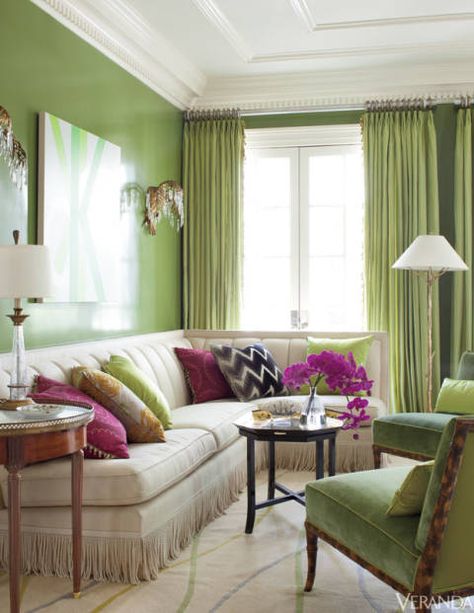 Lime appears on the walls, curtains, art, chairs, and throw pillows Ceiling Moulding, Salons Cottage, Avocado Design, Daufuskie Island, Bullion Fringe, Green Living Room, Interior Design Per La Casa, Design Salon, Green Walls