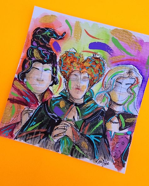 Disney Inspired hocus pocus Sanderson sisters IG: CAULDRON CUSTOMS Hocus Pocus Book Drawing, Hocus Pocus Sketch, Hocus Pocus Sleeve Tattoo, Hocus Pocus Watercolor Art, Hocus Pocus Designs, Hocus Pocus Sanderson Sisters, Sanderson Sisters Hocus Pocus, Watercolor Markers, Saw Wood