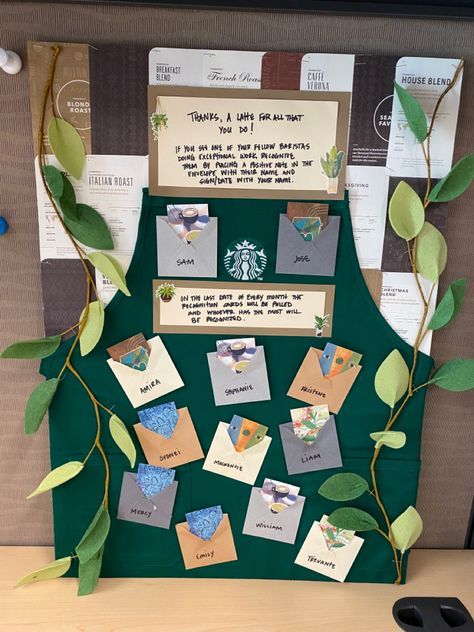 Partner Appreciation Board, Starbucks Employee Board, Barista Of The Month Board, Starbucks Boards Ideas, Team Recognition Board, Starbucks Recognition Board, Barista Of The Week Board, Starbucks Appreciation Board, Week Of Kindness Ideas Starbucks