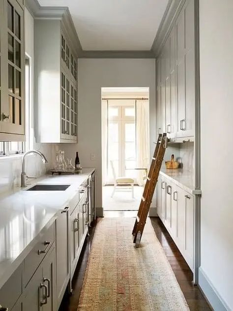 Galley Kitchen Lighting Ideas, Butlers Pantry Walk Through, Galley Kitchen Lighting, Open Floor Plan Kitchen, Light Gray Cabinets, Butler’s Pantry, Galley Kitchens, Butlers Pantry, White Quartz Countertop