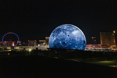 Las Vegas’s Sphere Is the Future of Immersive Entertainment. Here’s How to Visit the Groundbreaking Venue. | Vegas Sphere, Vegas Lights, Sky Cinema, Sphere Light, Big Pools, Moon Space, Moon Photos, Cinema Camera, Vegas Strip