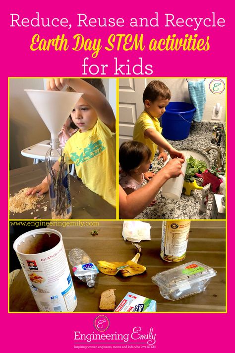 3 fun and easy reduce, reuse and recycle Earth Day STEM activities you can do at home with the kids with items you already have around the house. Try these fun activities from Engineering Emily today!  #STEMforkids #EarthDay Earth Day Stem Activities, Earth Day Stem, Reduce Reuse Recycle Activities, Recycling Activities For Kids, Earth Activities, Stem Activities For Kids, Recycling Activities, Parent Night, Recycling Information