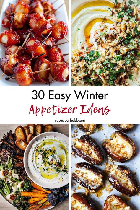 A round-up of 30 easy winter appetizer ideas for all of your cold weather entertaining! Quick sweet and savory appetizer recipes that are perfect for birthday parties, bridal showers, baby showers, and more. #appetizers #appetizerrecipes #easyappetizers Winter Appetizers Finger Foods, Winter Wonderland Savory Food, Savory Winter Appetizers, Wine And Horderves Party, Make Ahead Party Appetizers For A Crowd, Winter Crostini Appetizers, Make And Freeze Appetizers, Winter Hordevours, Top Appetizers Appetizer Ideas