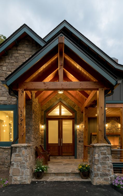 Waynesville Mountain Modern Craftsman | ACM Design | Asheville Architects & Interior Designers Modern Craftsman House, Timber Entrance, Modern Mountain House Plans, Craftsman Home Exterior, Timber Frame Porch, Rustic Entry, Modern Mountain House, Building A Porch, Urban Interiors