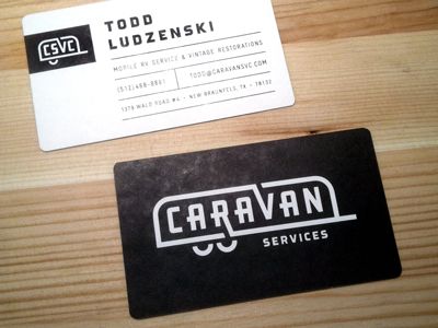 identity and business card for Caravan RV Service & Restoration by Renee Fernandez Caravan Logo Design, Caravan Logo, Caravan Design, Logo Wordmark, Innovative Business Cards, Stamped Business Cards, Buisness Cards, Style Letters, Letterpress Business Cards