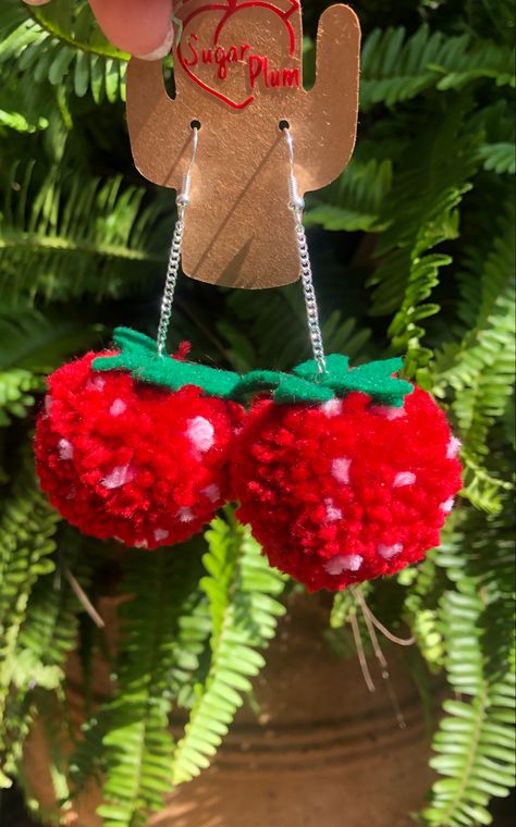 Strawberry Pom Pom, Beaded Pom Pom Earrings, Strawberry Hoop Earrings, Pink Pom Pom Earrings, Cute Red Strawberry Print Earrings, Pom Pom Earrings, Boho Glam, Sugar Plum, Vintage Eclectic