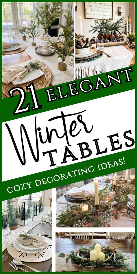 Winter Table Scapes Ideas, Dinning Room Table Garland, Green Holiday Table Setting, Blue Winter Tablescapes, Winter Wonderland Christmas Centerpieces, Winter Thanksgiving Table, Xmas Tablescape Ideas, Christmas Tablescapes With Trees, Christmas Winter Wonderland Tablescapes