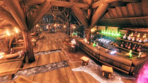 Valheim - How to Build a Viking House - Tavern Base Building - The Pilgrimz Project Valheim Tavern, Viking Tavern, Tavern Interior, Valheim Builds, Viking House, Viking Shop, House Concept, Base Building, Building Concept