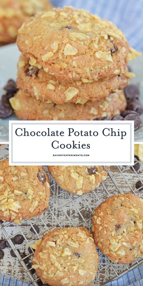 If you want the best of a crispy cookie with a soft cookie, both salty and sweet? Then these Potato Chip Chocolate Chip Cookies are for you! #potatochipchocolatechipcookie #potatochipcookie #saltyandsweetcookies www.savoryexperiments.com Potato Chip Chocolate, Best Potato Chips, Chocolate Potato Chips, Oatmeal No Bake Cookies, Amazing Cookie Recipes, Fabulous Desserts, Potato Chip Cookies, Homemade Strawberry Sauce, Chocolate Chip Cookies Ingredients