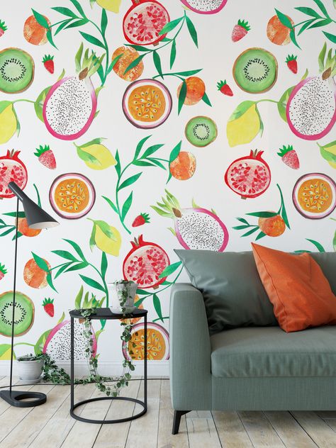 Harriet Popham, Fruit Mural, Jungle Bungalow, Food Mural, Juice Wallpaper, Fruit Wallpaper Pattern, Illustrator Projects, Juice Bar Interior, Watercolour Markers