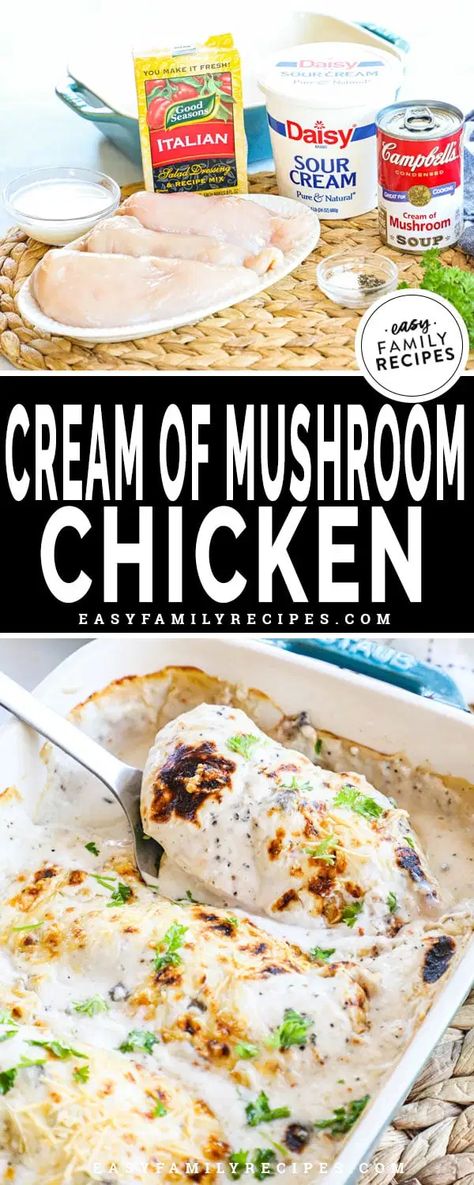 Best EASY Chicken Casserole recipe!! This Cream of Mushroom Chicken is rich, creamy, so delicious and takes just minutes to prep. With tperfectly seasoned chicken breast, Campbell's Cream of Mushroom Soup, tangy sour cream, and a delicious seasoning mix, you can't beat the flavor in this easy dinner idea. Made in just one casserole dish, this quick chicken recipe takes just minutes to make and clean up is just as easy. Best part? This kid-friendly recipe is great for the whole family! The cream Chicken Tenders Cream Of Mushroom Soup, Chicken And Cream Soup Recipes, Healthy Cream Of Mushroom Soup Recipes, Chicken And Rice Casserole Recipes Easy Cream Of Mushrooms, Cream Of Mushroom Soup With Chicken, Minimal Ingredient Recipes Dinner, Chicken Casserole Recipes Cream Of Mushroom, Chicken Cooked In Cream Of Mushroom Soup, Chicken Cream Mushroom Recipes