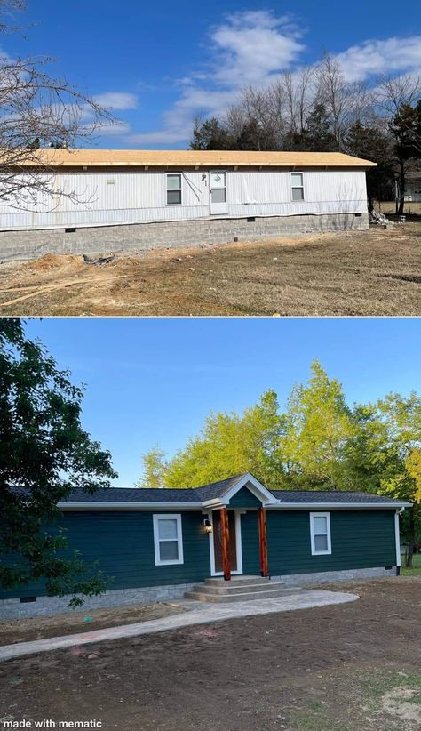 Remodel Outside Of Mobile Home, Single Wide Exterior, Single Wide Exterior Makeover, House Renovation Ideas Budget, Mobile Home Remodel, Old Mobile Home Makeover, Single Wide Trailer Remodel, Dark Cottagecore House, Modern Mexican Home