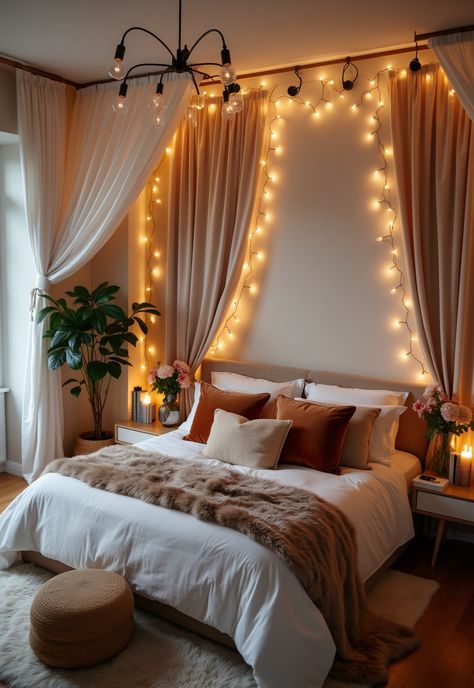 Boho Bedroom with Curtain Lights Boho Bed Curtains, Curtains Behind Bed No Window, Fairy Lights Headboard, Above Bed Canopy, Curtains Over Closet, Curtain Wall Bedroom Behind Bed, Curtains Over Bed, Bed Curtains Aesthetic, Curtain Behind Bed