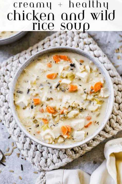 Enjoy the ultimate comfort with this Creamy Chicken and Wild Rice Soup recipe! Made with carrots, celery, onion, chicken, and wild rice in a flavorful creamy broth, this soup is perfect for chilly days. Easily made on the stovetop or in a slow cooker, it’s a delicious fall recipe your family will love. Whether you're craving cozy comfort food or a hearty fall soup, this easy crockpot recipe is a must-try! Slow Cooker Chicken And Wild Rice, Healthy Wild Rice Soup, Healthy Chicken Wild Rice Soup, Wild Rice Chicken Soup Crockpot, Healthy Chicken And Wild Rice Soup, Chicken And Rice Soup Recipes Crockpot, Creamy Chicken Wild Rice Soup Crockpot, Slow Cooker Chicken And Wild Rice Soup, Slow Cooker Chicken And Rice Soup