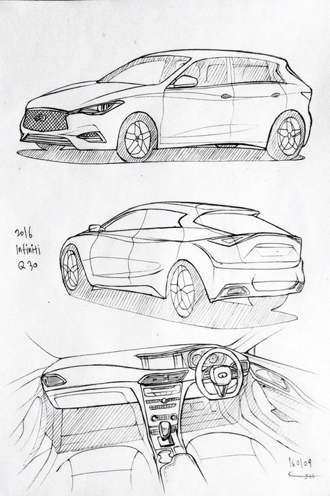 Car drawing 160109.  2016 Honda Infiniti Q30. Prisma on paper.  Kim.J.H Car Drawing In Perspective, Cars Perspective, Car Sketch Simple, Car Perspective, Owl Stencil, Bike Sketch, Manga Poses, Observational Drawing, Car Drawing