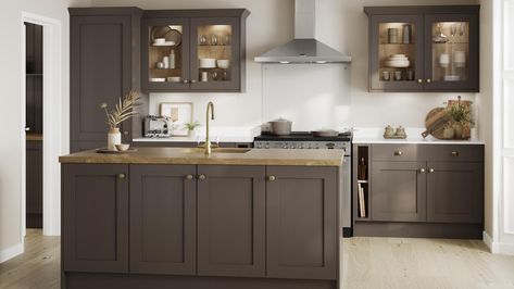 Brown Cupboards Kitchen, Brown Kitchen Inspiration, Brown Cupboards, Shaker Drawer Fronts, Howdens Kitchens, Cupboards Kitchen, Shaker Design, Mdf Doors, Painted Drawers