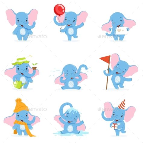 Cute elephant character set, funny baby elephant in different poses and situations vector Illustrations on a white background Elephant Character Design, Mike Yamada, Elephant Character, Elephant Mascot, Cute Elephant Cartoon, Brain Book, Dinosaur Games, Turtles Funny, Elephant Illustration