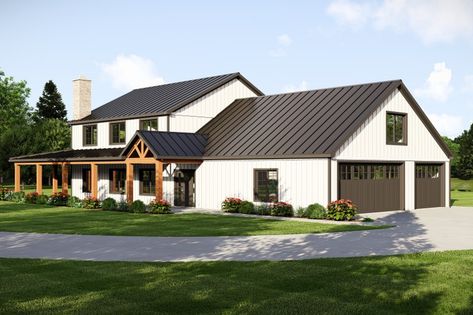 Barndominium Style House Plan - 5 Beds 3 Baths 2743 Sq/Ft Plan #1064-313 Barndominium Floor Plans With Shop 40x60, White And Wood Barndominium Exterior, Barndo That Looks Like A House, Floor Plans Barndominium Open Concept, Split Bedroom Barndominium, Guest House Barndominium, 5 Bedroom 3 Bath Barndominium, 1.5 Story Barndominium, Barndo With Loft Plans