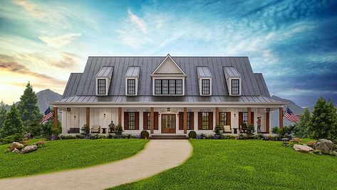 House Plan 81663 - Farmhouse Style with 2845 Sq Ft, 3 Bed, 3 Bath 3 Bedroom Farmhouse Plans One Story, 1 Story Farmhouse Plans, Single Story Farmhouse, Bathroom And Walk In Closet, Pond House, Farmhouse Floor Plans, House Plans One Story, Open Concept Layout, Living Modern