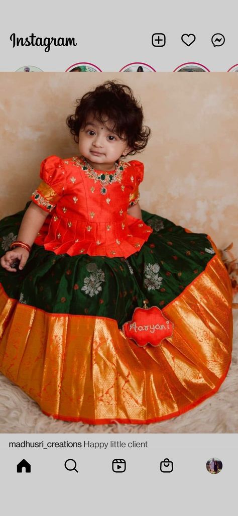 Pattu Langa For Infants, Baby Lehanga Blouse Patterns, Pattulanga Designs For Kids, Pattu Langa For Baby Girl, Pattu Langa Designs For Kids, Pattu Pavada For Kids, Newborn Pattu Langa, Baby Pattu Frocks Designs, Baby Langa Blouse Designs