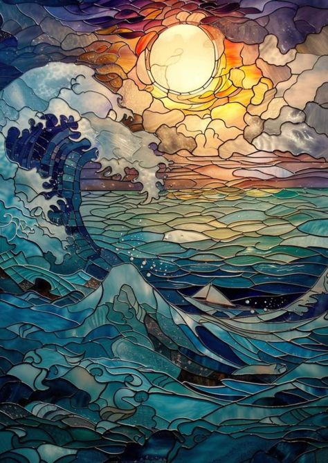 Paintings Of Stained Glass Windows, Glass Painting For Window, Ocean Themed Stained Glass Window, Ocean Glass Art, Unique Art Inspiration, Stained Glass Tattoos For Women, Stained Glass Art Ideas, Stained Glass Sky, Stained Glass Mural