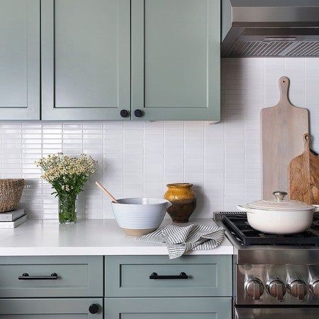 Dining Pantry, Dwell Kitchen, Kitchen Dining Room Combo, Transitional Kitchens, Kitchen Cabinet Color Ideas, White Tile Backsplash, Green Kitchen Cabinets, Cabinets And Countertops, Green With Envy