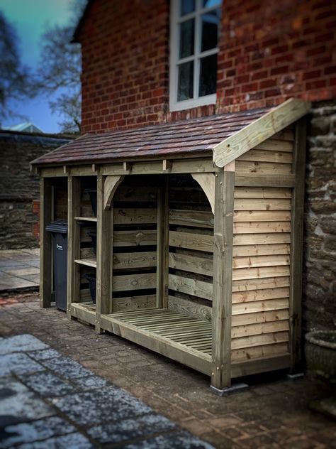 Outside Log Store, Outside Wood Storage Ideas, Log Box Wood Storage, Log And Bin Store Ideas, Bin And Wood Store, Garden Bin Storage, Log And Bin Store, Bin And Log Store, Storing Wood Outside