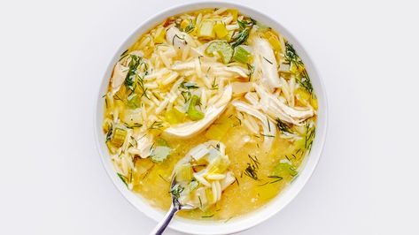 Lemony Chicken and Orzo Soup Recipe | Bon Appetit -- next time double the celery, leeks, and dill Chicken And Orzo Soup, Orzo Lemon, Chicken And Orzo, Orzo Soup Recipes, Lemony Chicken, Weeknight Chicken, Orzo Soup, Chicken Orzo Soup, Chicken Orzo