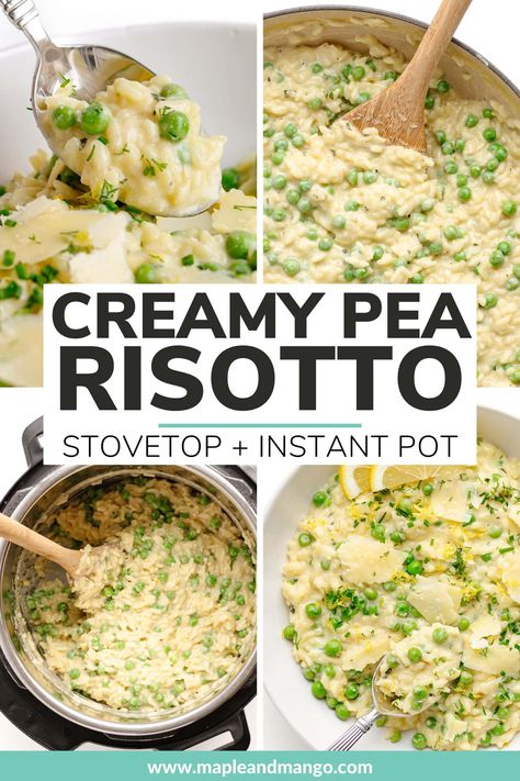 Who knew peas and rice could be so fancy?! Learn how to make a super delicious creamy pea risotto at home with this easy recipe! This is the perfect spring risotto featuring spring flavors like peas and lemon! Includes step-by-step instructions for both stovetop and the Instant Pot (pressure cooker). | www.mapleandmango.com Risotto Recipes With Peas, Sweet Pea Risotto, Pea Risotto Recipes, Rice With Peas, Risotto With Peas, Spring Risotto, Peas And Rice, Spring Flavors, Pea Risotto