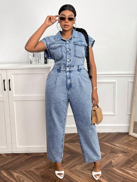 Light Wash Casual Collar Short Sleeve Denim Plain  Embellished Non-Stretch Spring/Summer/Fall Women Plus Clothing Plus Size Denim Jumpsuit, Short Sleeve Denim Jumpsuit, Short Sleeve Denim, Plus Size Denim, Cashmere Fabric, Clothing Designs, Jeans Casual, Denim Overalls, Denim Jumpsuit