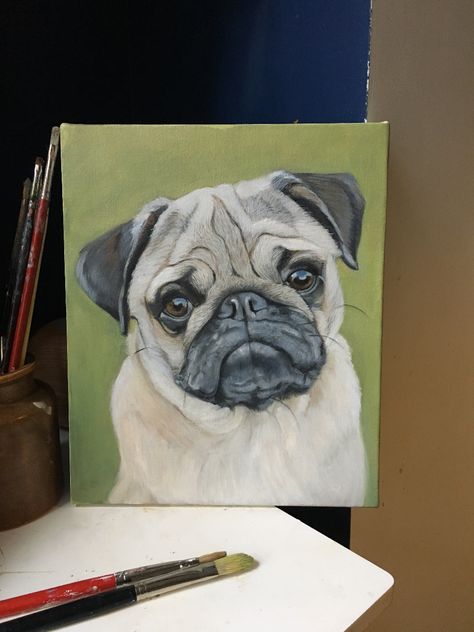 Pug Canvas Painting Easy, Pug Drawing, Pug Painting, Small Pug, Pug Art Print, Dog Portraits Painting, Dog Artist, Pug Art, Animal Portraits Art