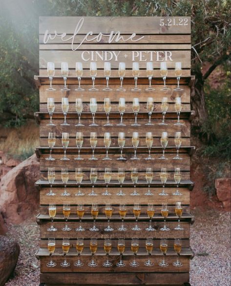 Diy Wood Champagne Wall, Pallet Champagne Wall, Small Champagne Wall, Boho Champagne Wall, Champagne Flute Wall, Wedding Hire Ideas, Wooden Champagne Wall, Wood Champagne Wall, Champagne Wall Wedding Seating