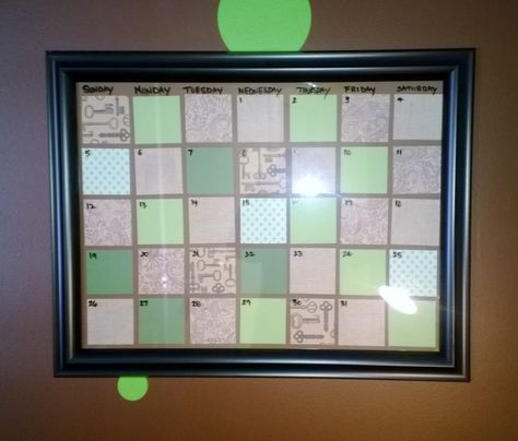 This is my attempt to recreate the Calendar dry erase board I pinned this morning.  Frame: clearance from Michael's. I used scrapbook paper instead of paint chips.  Total cost: about $20. Dry Erase Board Calendar, Diy Calendar, The Calendar, Dry Erase Board, Paint Chips, Dry Erase, This Morning, Scrapbook Paper, The Office