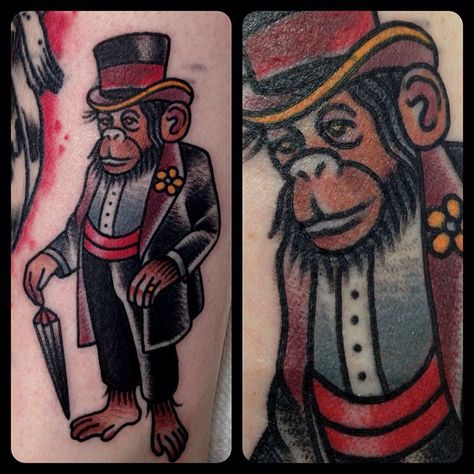 Cheeky chimp chap cover up on @garreteglestattoo #matthouston #coverup #gentleman #chimp #traditional #tattoo #gastowntattoo Circus Tattoos, Traditional Tattoo Man, Tattoo Ribs, Circus Tattoo, Old School Traditional, Old School Ink, 3d Spider, Monkey Tattoos, Petit Tattoo