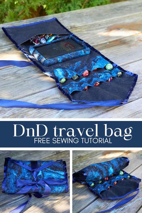 Follow this free tutorial to sew a DnD travel dice bag to take all your gaming essentials with you! Includes a place for your minis, notebook, dice, and a rolling mat. Nerdy Sewing Projects, Dice Box Diy, Diy Bag With Pockets, Dnd Bag, Dnd Places, Gaming Essentials, Dnd Dm, Dnd Diy, Dnd Crafts