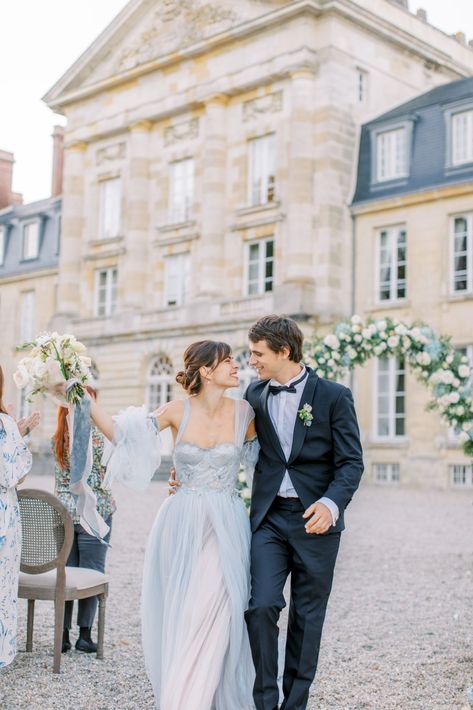 Chateau Wedding Photography, French Chateau Wedding, Chateau Wedding, France Wedding, Ceremony Arch, Film Wedding Photography, Wedding Aesthetic, Blue Gown, French Chateau