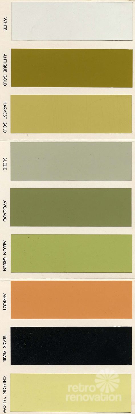 a brochure from the 1960s that shows 18 paint colors for vintage St. Charles kitchen cabinets -- including avocado and harvest gold, of course. Steel Kitchen Cabinets, Mid Century Colors, Cabinet Paint Colors, Retro Renovation, Green Inspiration, Harvest Gold, Kitchen Paint Colors, Nature Color Palette, Green Cabinets