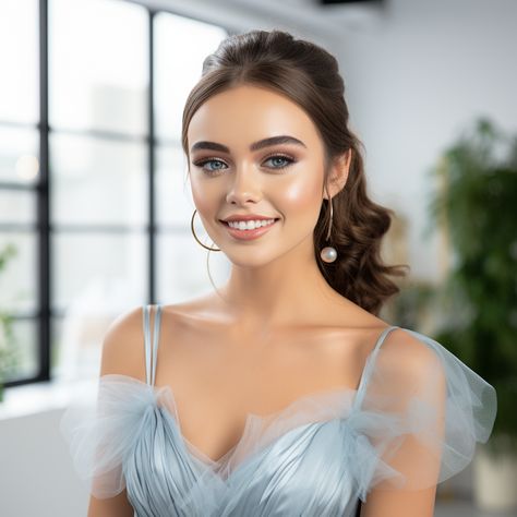 Soft Prom Makeup Blue Dress, Light Blue Outfit Makeup, Makeup For A Light Blue Dress, Blue Gown Makeup Look, Blue Gown Makeup, Makeup For Light Blue Dress, Light Blue Makeup, Light Blue Satin Dress, Blue Makeup Look