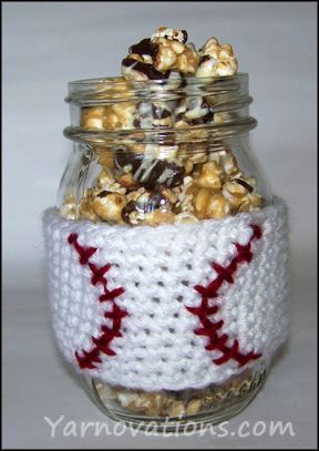 Caramel Corn recipe and cute knitted baseball sleeve! Love! Caramel Corn Recipe, Crochet Baseball, Caramel Corn Recipes, Crochet Mug Cozy, Crochet Coffee Cozy, Crochet Cup Cozy, Cozy Pattern, Corn Recipe, Cozy Crochet Patterns