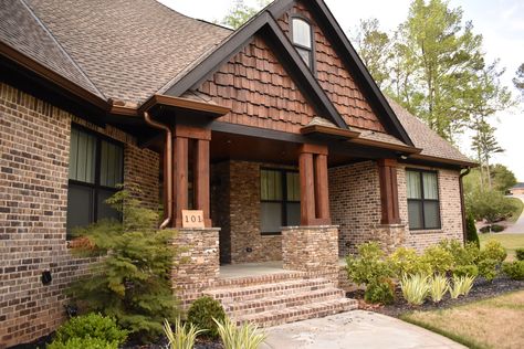 Pine Hall Brick - Marshton Queen  Cedar Shake - Cedar Wood Posts Weathered Wood Shingles Bronze Windows Brick And Shake Siding Exterior, Brick Cedar Exterior, Cedar Shake Gables On House Exterior, Brick And Cedar Shake Exterior, Red Brick Cedar Shake, Shake Siding Exterior With Brick, Brick With Cedar Shake Siding, Cedar Shakes On Gables House, Cedar Shake And Stone House