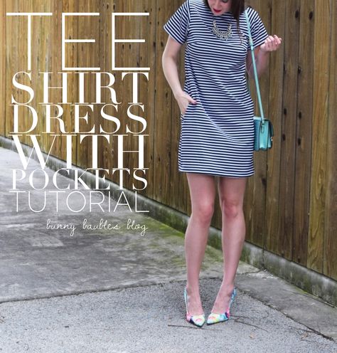 Tshirt Dress Pattern, Tee Shirt Dress Outfit, Tshirt Dress Diy, Shirt Dress Diy, Shirt Dress With Pockets, Dress Sewing Patterns Free, Dress Sewing Tutorials, Shirt Dress Pattern, Black And White Striped Dress