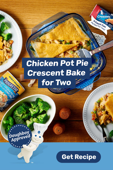 When dinnertime rolls around, the Doughboy is here to help. Whip up a simple and satisfying Chicken Pot Pie Crescent Bake for Two with just 4-ingredients! This recipe combines classic, flaky PillsburyTM Original Crescent Rolls in a perfectly-sized 4 Count Can and hearty Progresso soup to create delicious moments together in your week. Chicken Pot Pie For Two, Progresso Soup, Crescent Bake, Chicken Crescent Rolls, Pot Pie Soup, Crescent Roll Recipes, Pot Pies Recipes, Chicken Pot Pie Recipes, Cooking For Two