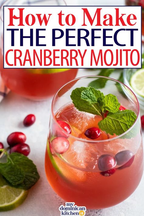 The Cranberry Mojito is a twist on the classic mojito recipe. Learn how to make this refreshing beverage with these easy preparation tips. Celebrate the holidays with this festive Cranberry Mojito. This colorful sparkling cocktail is sweet, tart, and absolutely delicious! If there is one thing I really enjoy about the holidays and getting together with family to celebrate is the cocktails. | @mydominicankitchen #cranberrymojito #authenticdominicanrecipes #holidaycocktail #christmasmojito Cranberry Mojito, Mojito Recipe Pitcher, Mojito Recipe Classic, Homemade Milkshake, Classic Mojito, Sparkling Cocktail, Easy Autumn Recipes, Mojito Cocktail, Mojito Recipe