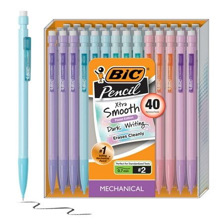 BIC mechanical pencil Xtra Life pastel edition. 0.7mm #2 smooth writing black lead with quick advance action. Erases cleanly, writes dark and is approved for standardized tests. Attached clip for storage. Comes in assorted pastel colored barrels. Each pack includes 40 pencils. Color: Multicolor. Bic Mechanical Pencils Pastel, Preppy Pencils, Walmart School Supplies, Pastel School Supplies, Pastel Mechanical Pencils, Erasers School, Pencils For School, Bic Mechanical Pencils, Goth Apartment