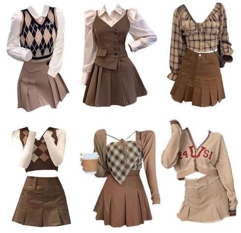 Korean Theme Outfit, Cute Outfits Academia, Pretty Outfits Brown, Preppy Outfits Dark Academia, Cute Brown Outfits Korean, Brown Aesthetic Dress Outfit, Korean Dark Academia Aesthetic, Y2k Brown Skirt Outfit, Cute Preppy Outfits With Skirts