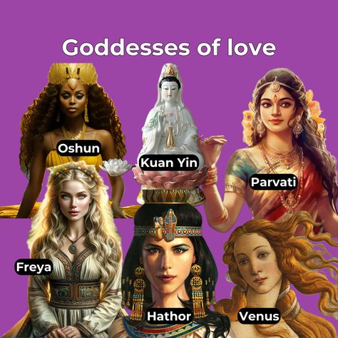 These are some Goddesses linked to love worldwide. Do you invoke any of these Goddesses in your magical rituals? 💜  #lovegoddesses #deitiesoflove #aphrodite #hathor #venus #wicca #love Goddess Of Magic Aesthetic, Goddesses Of Love, Hathor Aesthetic, Aphrodite Love Spell, Oizys Goddess, Venus Ritual, Afrodita Aesthetic, Venus Worship, Egyptian Beliefs