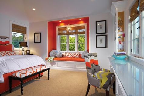 Fantastic tangerine wall paint accent for the window seat.  Tangerine accents throughout space for a cohesive look.  by Patterson Custom Homes Eclectic Bedroom Design, Cozy Window Seat, Window Nook, Window Benches, Bedroom Orange, Eclectic Bedroom, Bedroom Photos, Bedroom Windows