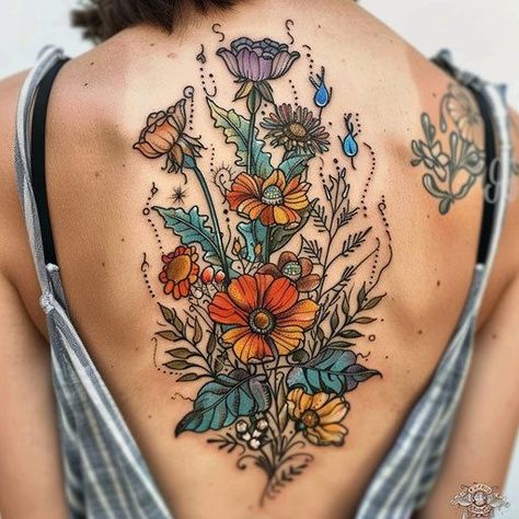 Floral Upper Arm Tattoo Half Sleeves, Back Of Arm Tattoo Women Sleeve, Flower With Roots Tattoo, Back Tattoo Flowers, Wildflower Tattoo Sleeve, Botanical Sleeve Tattoo, Tattoo Sleeve Color, Bohemian Tattoo Sleeve, Flower Tattoo On Back