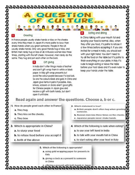 A question of culture worksheet Culture Worksheet, Best Friend Hug, What Is Culture, Esl Reading, British Traditions, Teacher Boards, Family Reading, Cultural Differences, Culture Shock