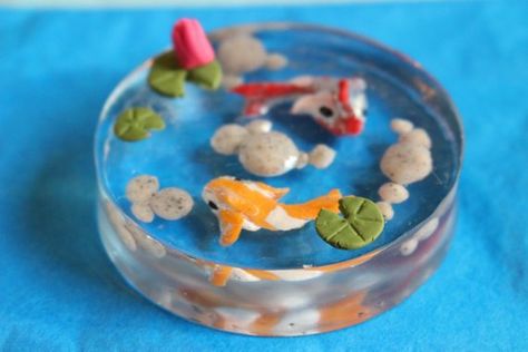 Goldfish Craft, Resin Pond, Terrarium Water, Miniature Koi Pond, 3d Jelly Cake, Miniature Sign, Decoupage Glass, Mixed Media Crafts, Resin Coaster